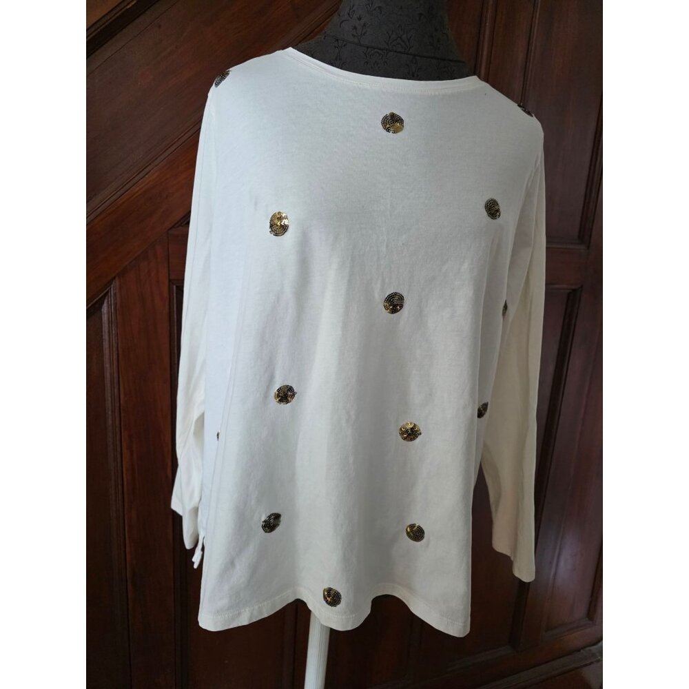 Talbots White Gold Sequin Polka Dot Embellished Long Sleeve Plus Size Top 2x